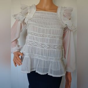 G by Giuliana Beige Lace Ruffle Blouse Size XXS